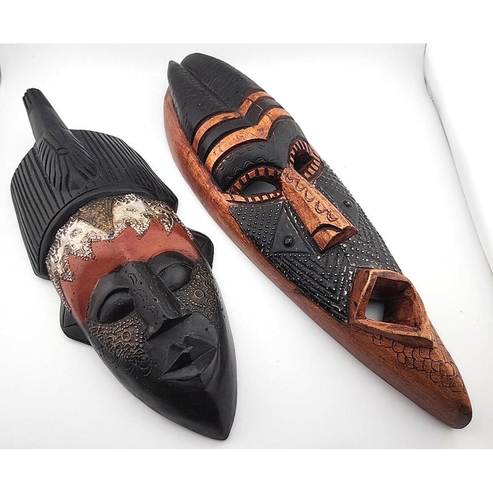African Tribal Wood & Metal Masks Hand Carved Ghana LOT 2 PIECES!